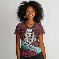 Hatshepsut Women V-Neck T-Shirt with Pharaoh Bust Illustration, Female Pharaoh Title and Egyptian Hieroglyph - Wonder Print Shop