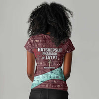 Hatshepsut Women V-Neck T-Shirt with Pharaoh Bust Illustration, Female Pharaoh Title and Egyptian Hieroglyph - Wonder Print Shop