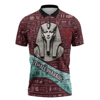 Hatshepsut Zipper Polo Shirt with Pharaoh Bust Illustration, Female Pharaoh Title and Egyptian Hieroglyph - Wonder Print Shop