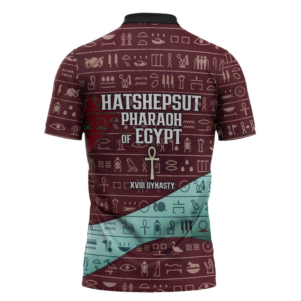 Hatshepsut Zipper Polo Shirt with Pharaoh Bust Illustration, Female Pharaoh Title and Egyptian Hieroglyph - Wonder Print Shop