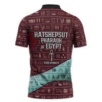 Hatshepsut Zipper Polo Shirt with Pharaoh Bust Illustration, Female Pharaoh Title and Egyptian Hieroglyph - Wonder Print Shop