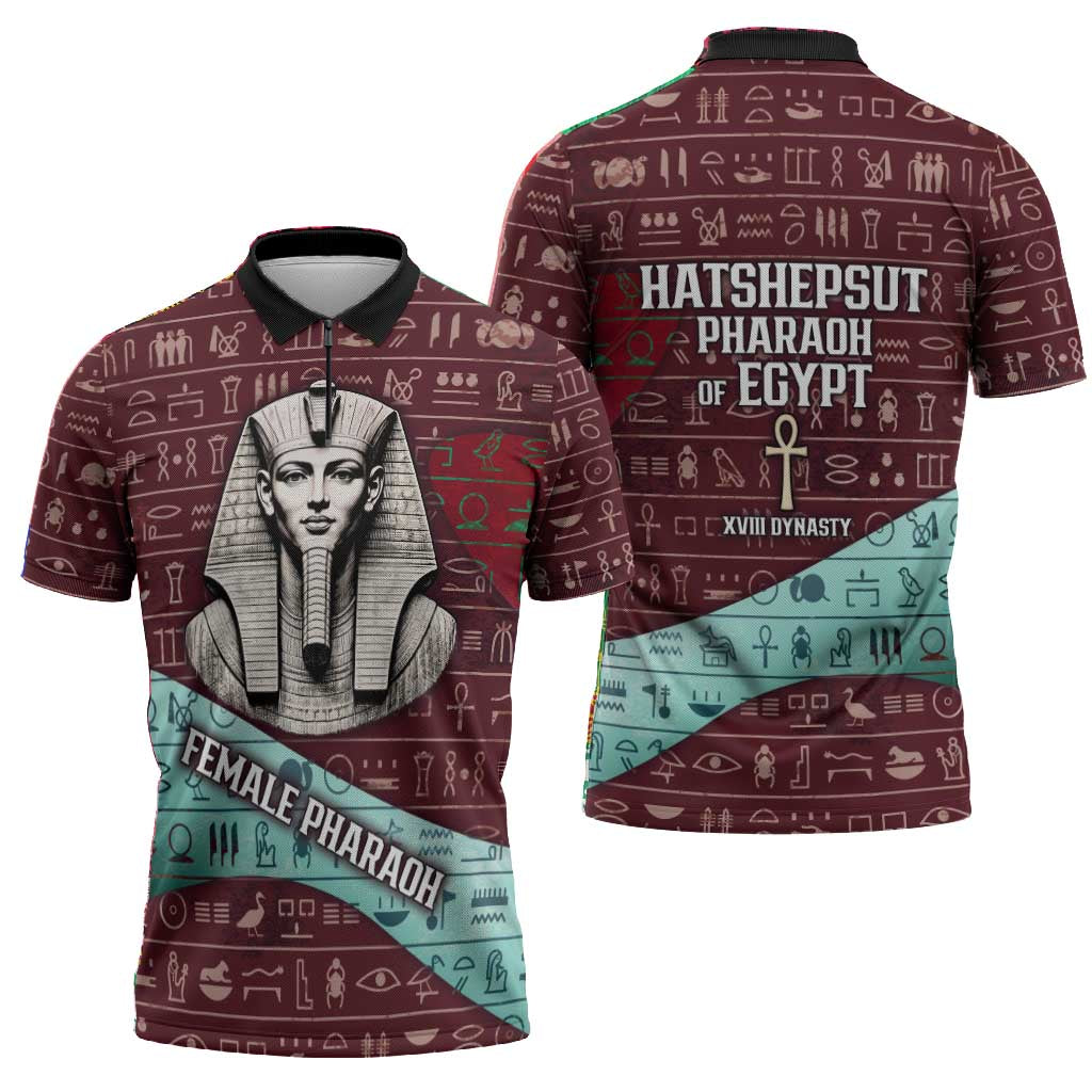 Hatshepsut Zipper Polo Shirt with Pharaoh Bust Illustration, Female Pharaoh Title and Egyptian Hieroglyph - Wonder Print Shop