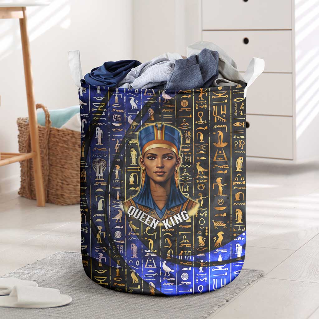 Hatshepsut Laundry Basket with Queen King Portrait, Temple Illustration and Blue-Gold Hieroglyphic - Wonder Print Shop
