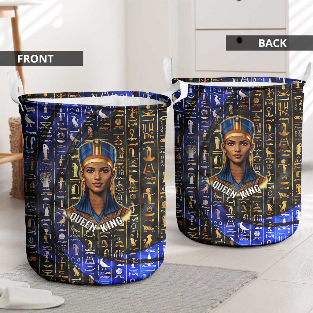 Hatshepsut Laundry Basket with Queen King Portrait, Temple Illustration and Blue-Gold Hieroglyphic - Wonder Print Shop