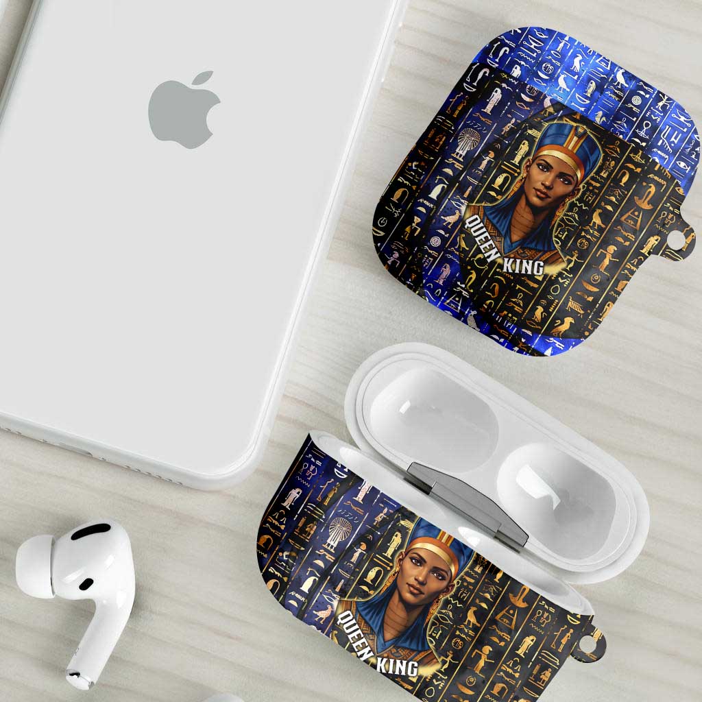 Hatshepsut AirPods Case with Queen King Portrait, Temple Illustration and Blue-Gold Hieroglyphic - Wonder Print Shop