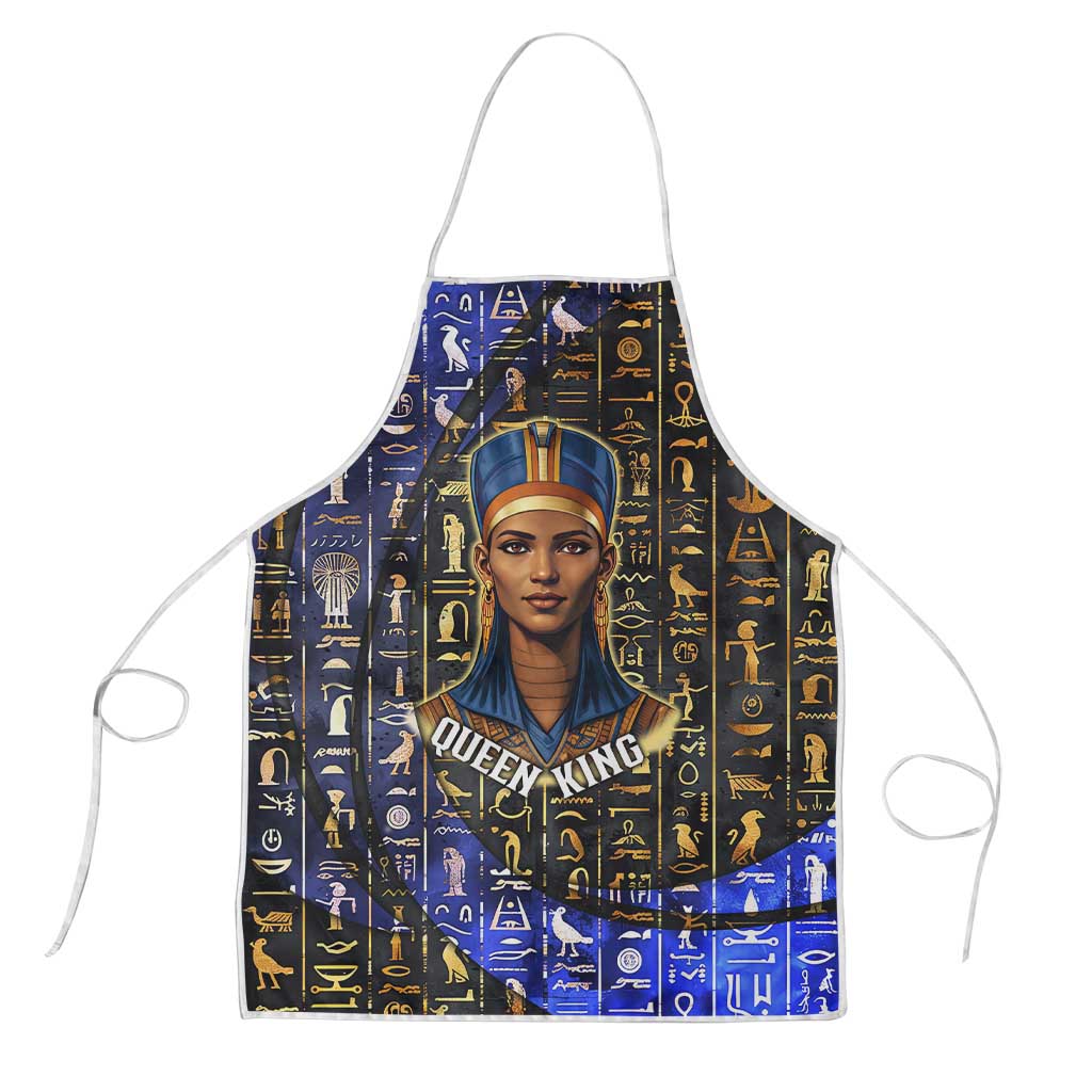 Hatshepsut Apron with Queen King Portrait, Temple Illustration and Blue-Gold Hieroglyphic - Wonder Print Shop