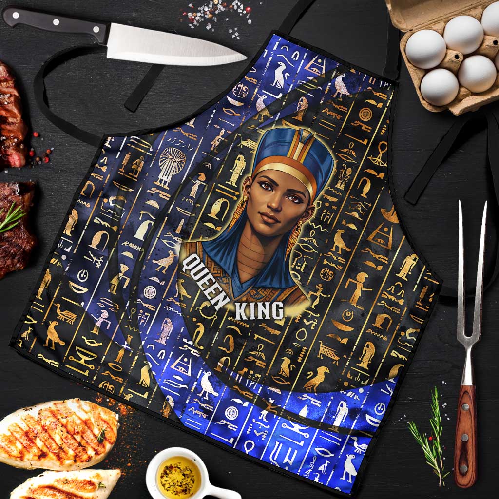 Hatshepsut Apron with Queen King Portrait, Temple Illustration and Blue-Gold Hieroglyphic - Wonder Print Shop
