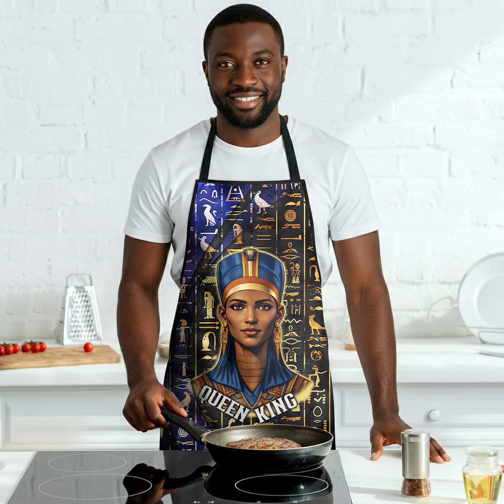 Hatshepsut Apron with Queen King Portrait, Temple Illustration and Blue-Gold Hieroglyphic - Wonder Print Shop