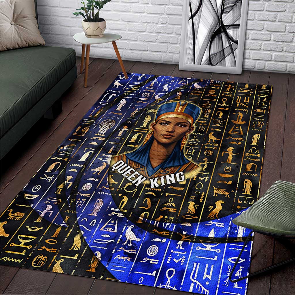 Hatshepsut Area Rug with Queen King Portrait, Temple Illustration and Blue-Gold Hieroglyphic - Wonder Print Shop