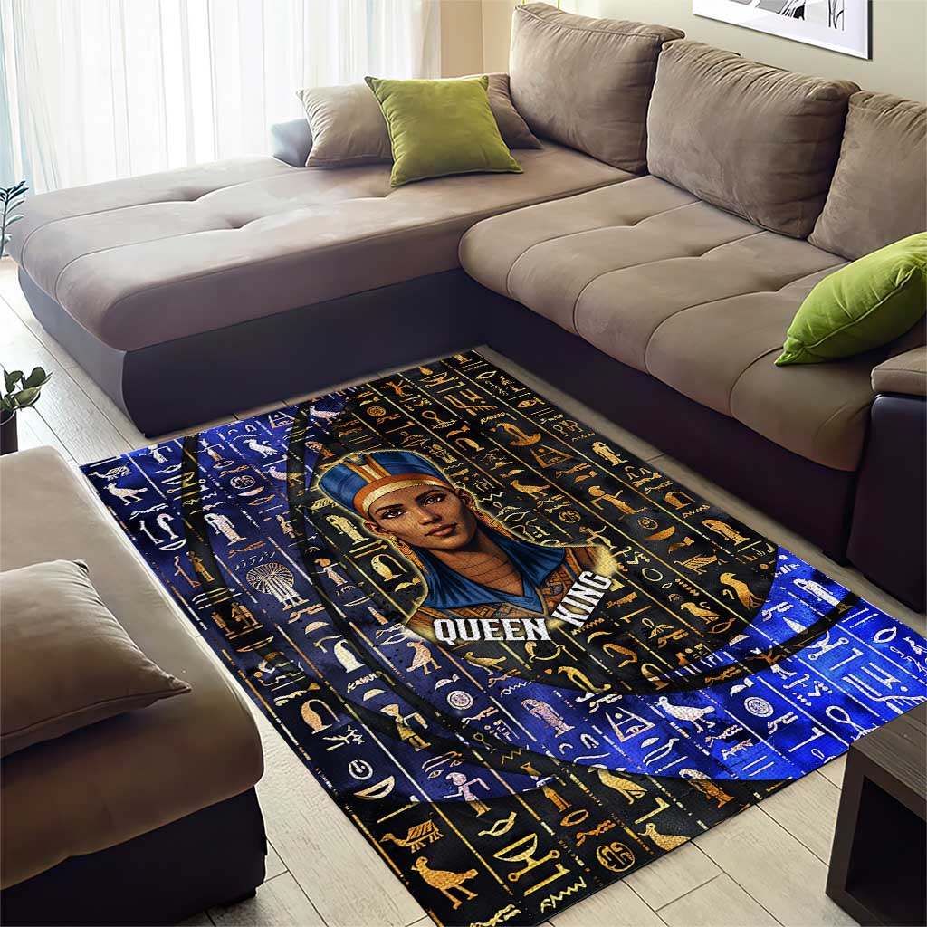 Hatshepsut Area Rug with Queen King Portrait, Temple Illustration and Blue-Gold Hieroglyphic - Wonder Print Shop