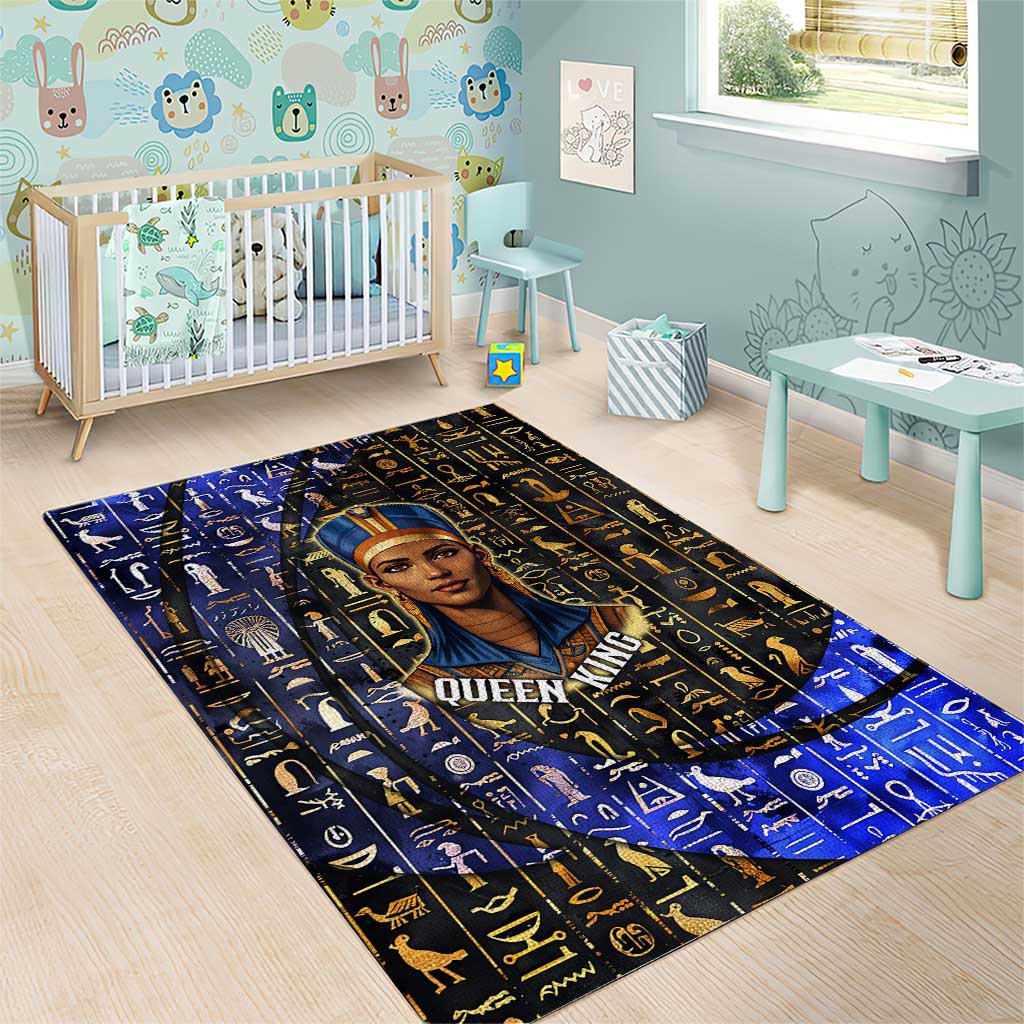 Hatshepsut Area Rug with Queen King Portrait, Temple Illustration and Blue-Gold Hieroglyphic - Wonder Print Shop