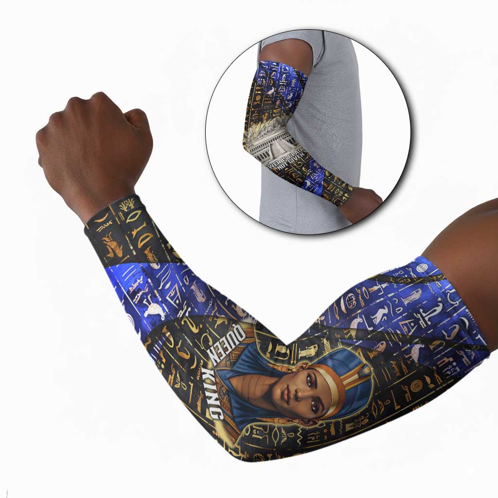Hatshepsut Arm Sleeves with Queen King Portrait, Temple Illustration and Blue-Gold Hieroglyphic - Wonder Print Shop