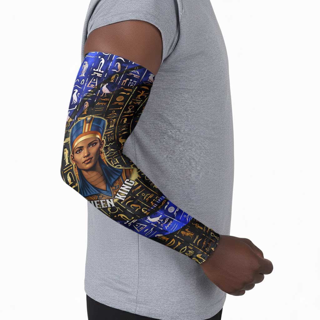 Hatshepsut Arm Sleeves with Queen King Portrait, Temple Illustration and Blue-Gold Hieroglyphic - Wonder Print Shop