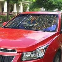 Hatshepsut Auto Sun Shade with Queen King Portrait, Temple Illustration and Blue-Gold Hieroglyphic - Wonder Print Shop