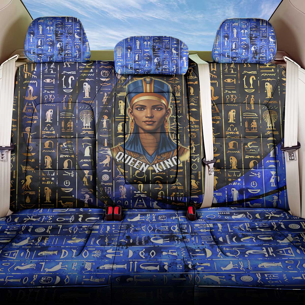 Hatshepsut Back Car Seat Cover with Queen King Portrait, Temple Illustration and Blue-Gold Hieroglyphic - Wonder Print Shop