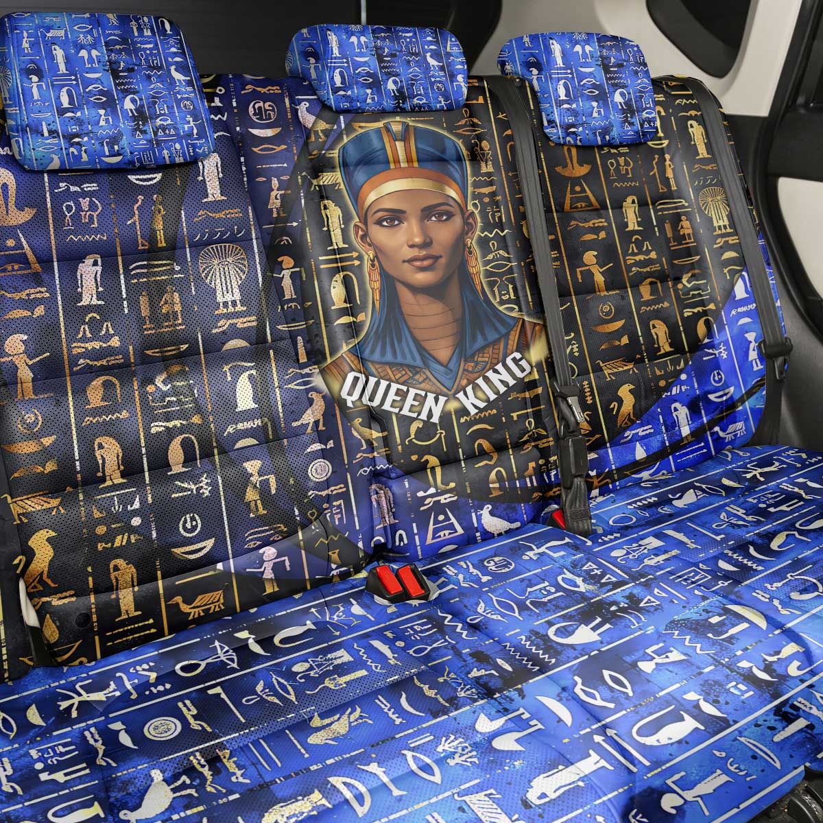 Hatshepsut Back Car Seat Cover with Queen King Portrait, Temple Illustration and Blue-Gold Hieroglyphic - Wonder Print Shop