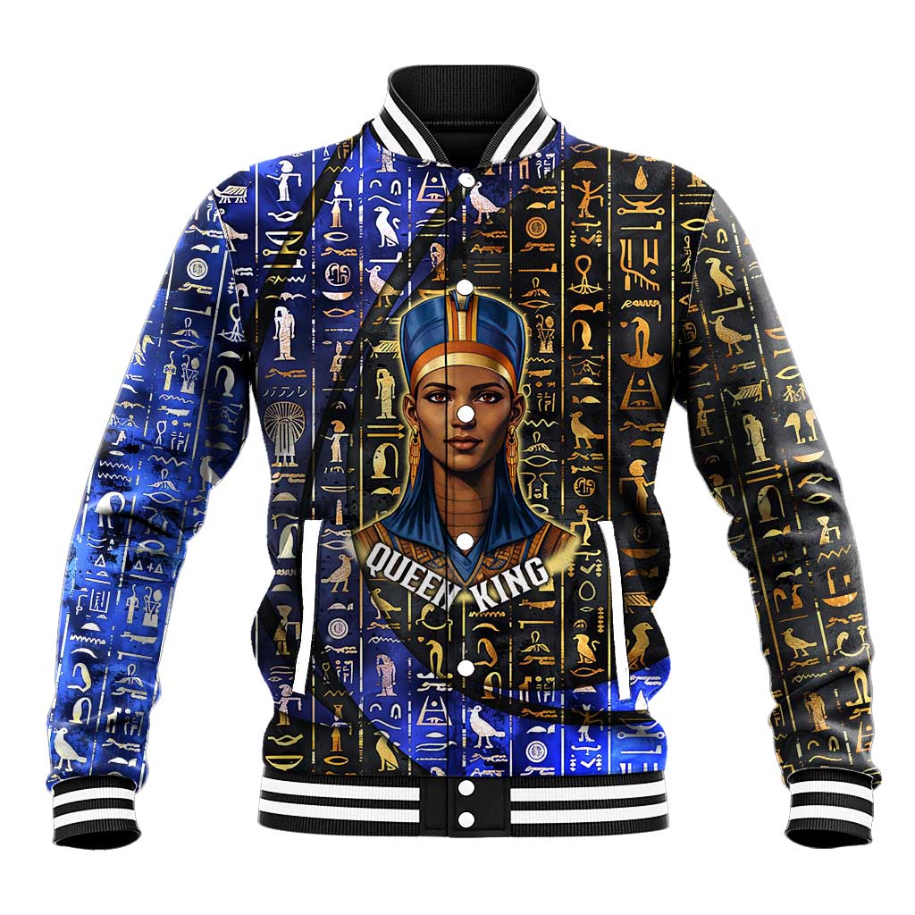 Hatshepsut Baseball Jacket with Queen King Portrait, Temple Illustration and Blue-Gold Hieroglyphic - Wonder Print Shop