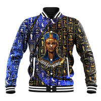 Hatshepsut Baseball Jacket with Queen King Portrait, Temple Illustration and Blue-Gold Hieroglyphic - Wonder Print Shop
