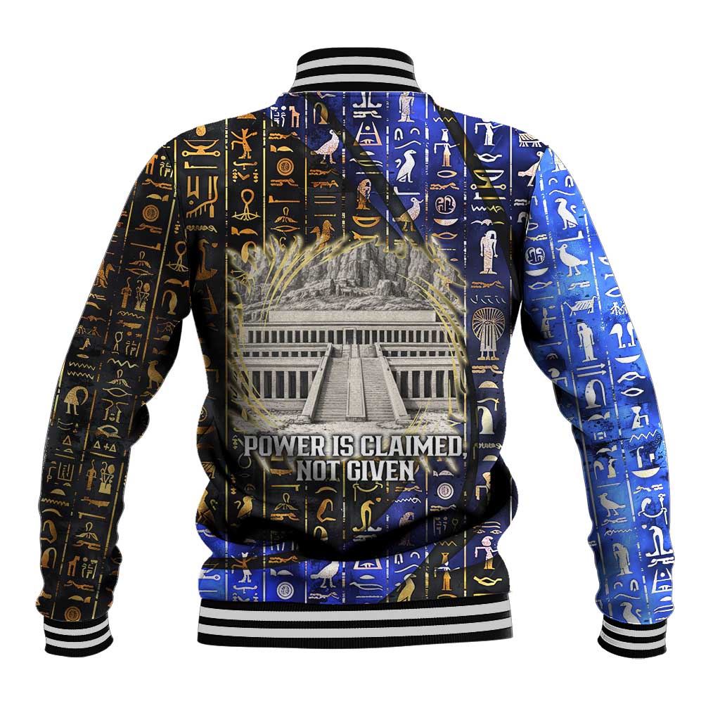 Hatshepsut Baseball Jacket with Queen King Portrait, Temple Illustration and Blue-Gold Hieroglyphic - Wonder Print Shop
