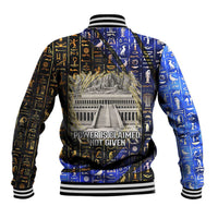 Hatshepsut Baseball Jacket with Queen King Portrait, Temple Illustration and Blue-Gold Hieroglyphic - Wonder Print Shop