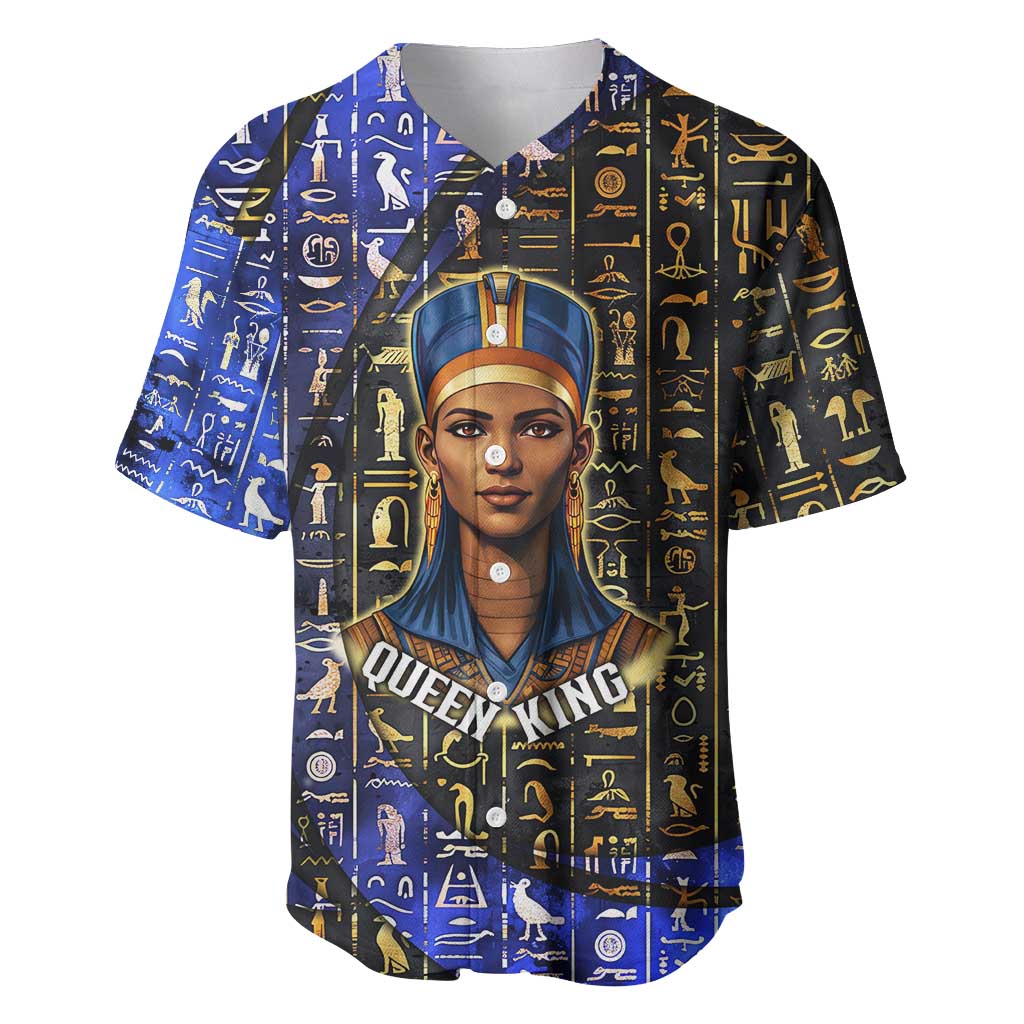 Hatshepsut Baseball Jersey with Queen King Portrait, Temple Illustration and Blue-Gold Hieroglyphic - Wonder Print Shop