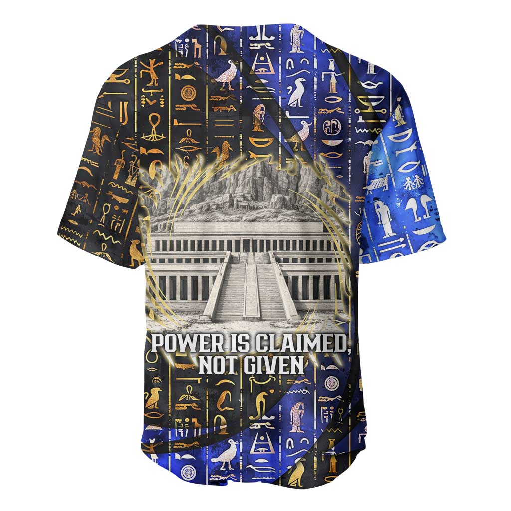 Hatshepsut Baseball Jersey with Queen King Portrait, Temple Illustration and Blue-Gold Hieroglyphic - Wonder Print Shop