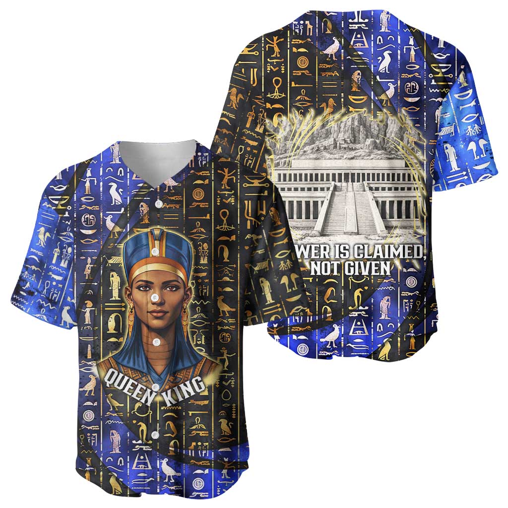 Hatshepsut Baseball Jersey with Queen King Portrait, Temple Illustration and Blue-Gold Hieroglyphic - Wonder Print Shop