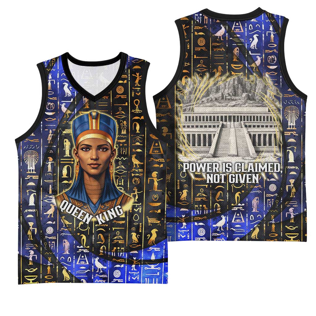 Hatshepsut Basketball Jersey with Queen King Portrait, Temple Illustration and Blue-Gold Hieroglyphic - Wonder Print Shop