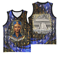 Hatshepsut Basketball Jersey with Queen King Portrait, Temple Illustration and Blue-Gold Hieroglyphic - Wonder Print Shop