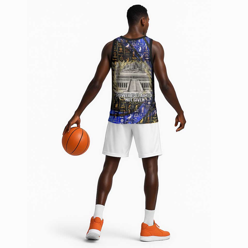 Hatshepsut Basketball Jersey with Queen King Portrait, Temple Illustration and Blue-Gold Hieroglyphic - Wonder Print Shop