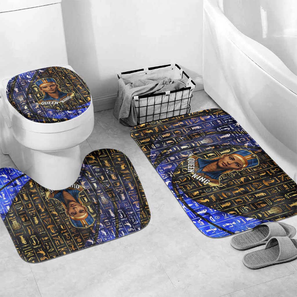 Hatshepsut Bathroom Set with Queen King Portrait, Temple Illustration and Blue-Gold Hieroglyphic - Wonder Print Shop