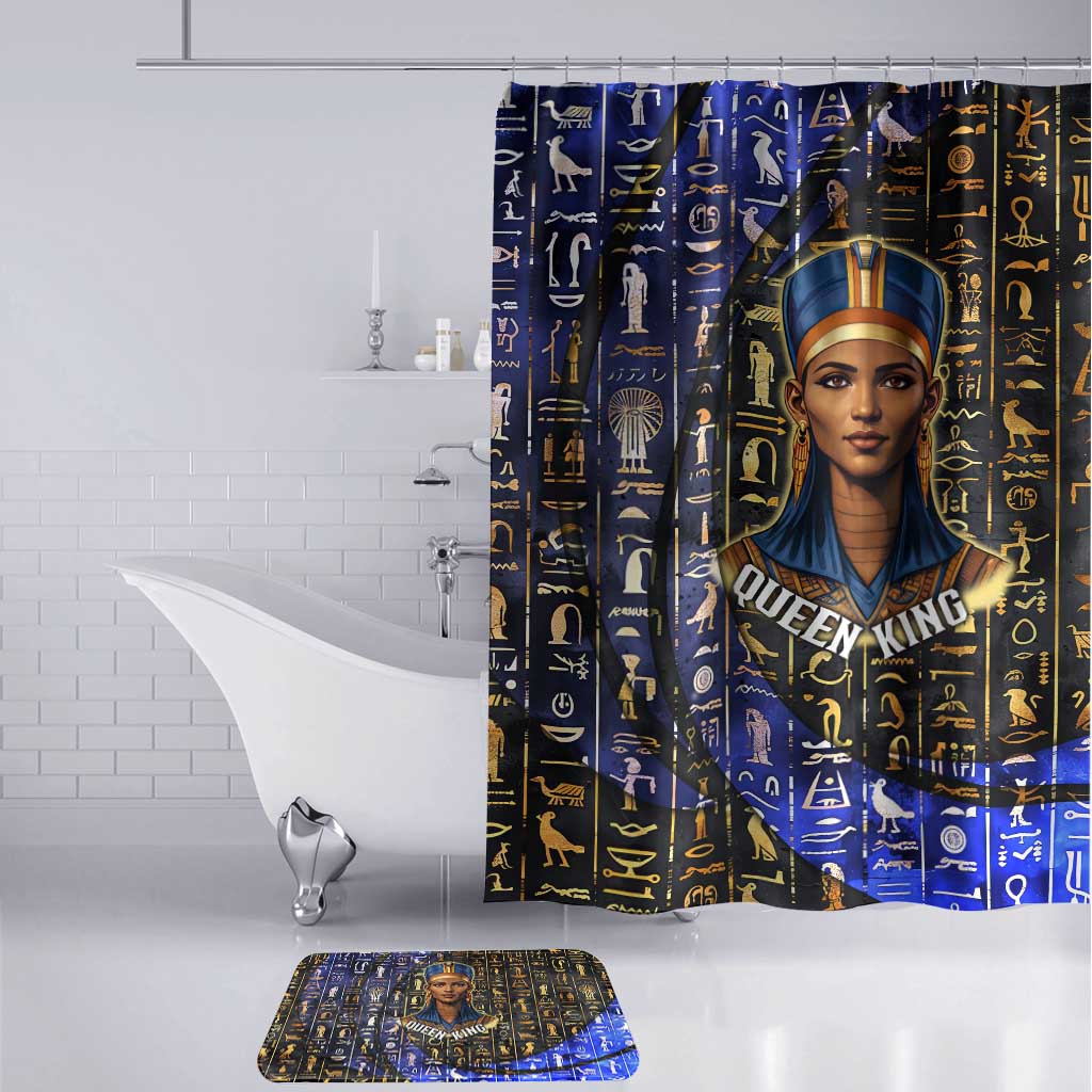 Hatshepsut Bathroom Set with Queen King Portrait, Temple Illustration and Blue-Gold Hieroglyphic - Wonder Print Shop