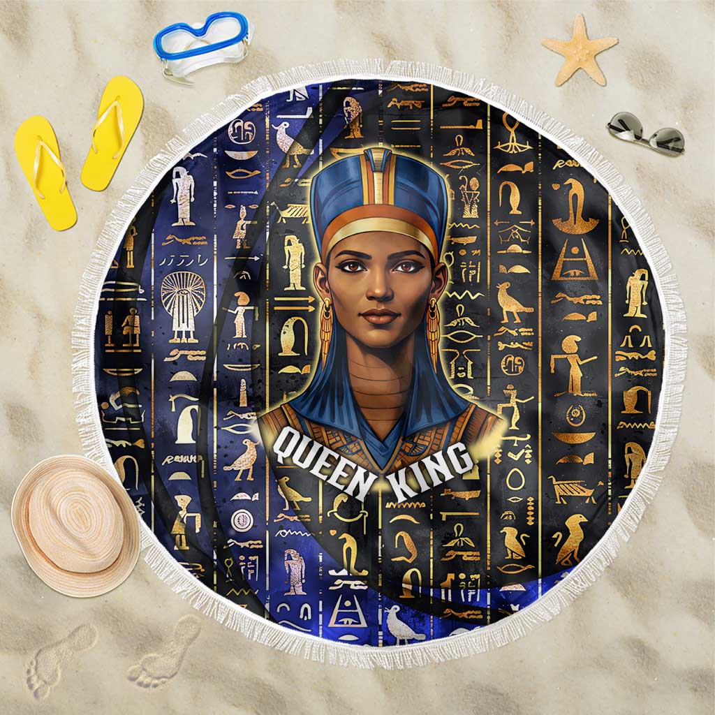 Hatshepsut Beach Blanket with Queen King Portrait, Temple Illustration and Blue-Gold Hieroglyphic - Wonder Print Shop