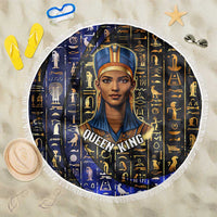 Hatshepsut Beach Blanket with Queen King Portrait, Temple Illustration and Blue-Gold Hieroglyphic - Wonder Print Shop