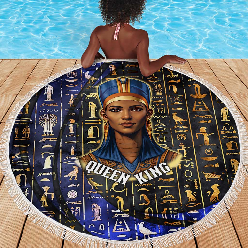 Hatshepsut Beach Blanket with Queen King Portrait, Temple Illustration and Blue-Gold Hieroglyphic - Wonder Print Shop
