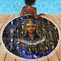 Hatshepsut Beach Blanket with Queen King Portrait, Temple Illustration and Blue-Gold Hieroglyphic - Wonder Print Shop