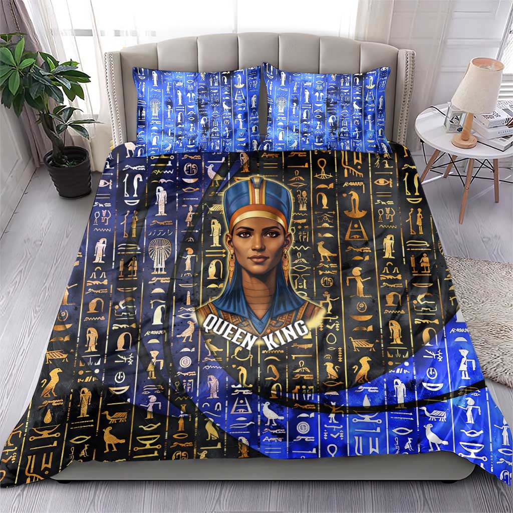 Hatshepsut Bedding Set with Queen King Portrait, Temple Illustration and Blue-Gold Hieroglyphic - Wonder Print Shop