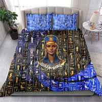 Hatshepsut Bedding Set with Queen King Portrait, Temple Illustration and Blue-Gold Hieroglyphic - Wonder Print Shop