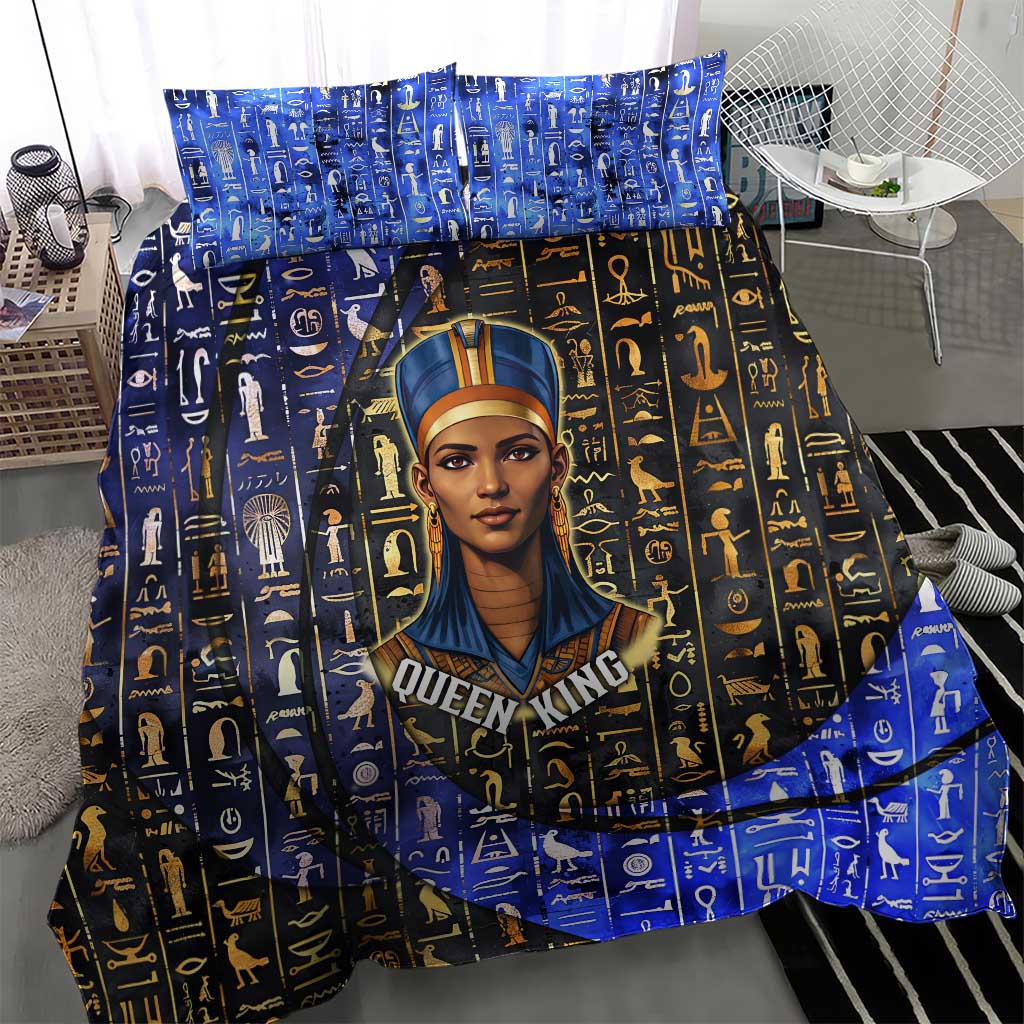 Hatshepsut Bedding Set with Queen King Portrait, Temple Illustration and Blue-Gold Hieroglyphic - Wonder Print Shop