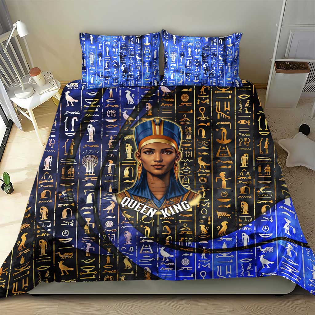 Hatshepsut Bedding Set with Queen King Portrait, Temple Illustration and Blue-Gold Hieroglyphic - Wonder Print Shop