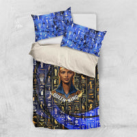 Hatshepsut Bedding Set with Queen King Portrait, Temple Illustration and Blue-Gold Hieroglyphic - Wonder Print Shop