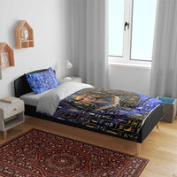 Hatshepsut Bedding Set with Queen King Portrait, Temple Illustration and Blue-Gold Hieroglyphic - Wonder Print Shop