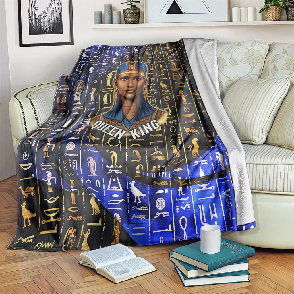 Hatshepsut Blanket with Queen King Portrait, Temple Illustration and Blue-Gold Hieroglyphic - Wonder Print Shop