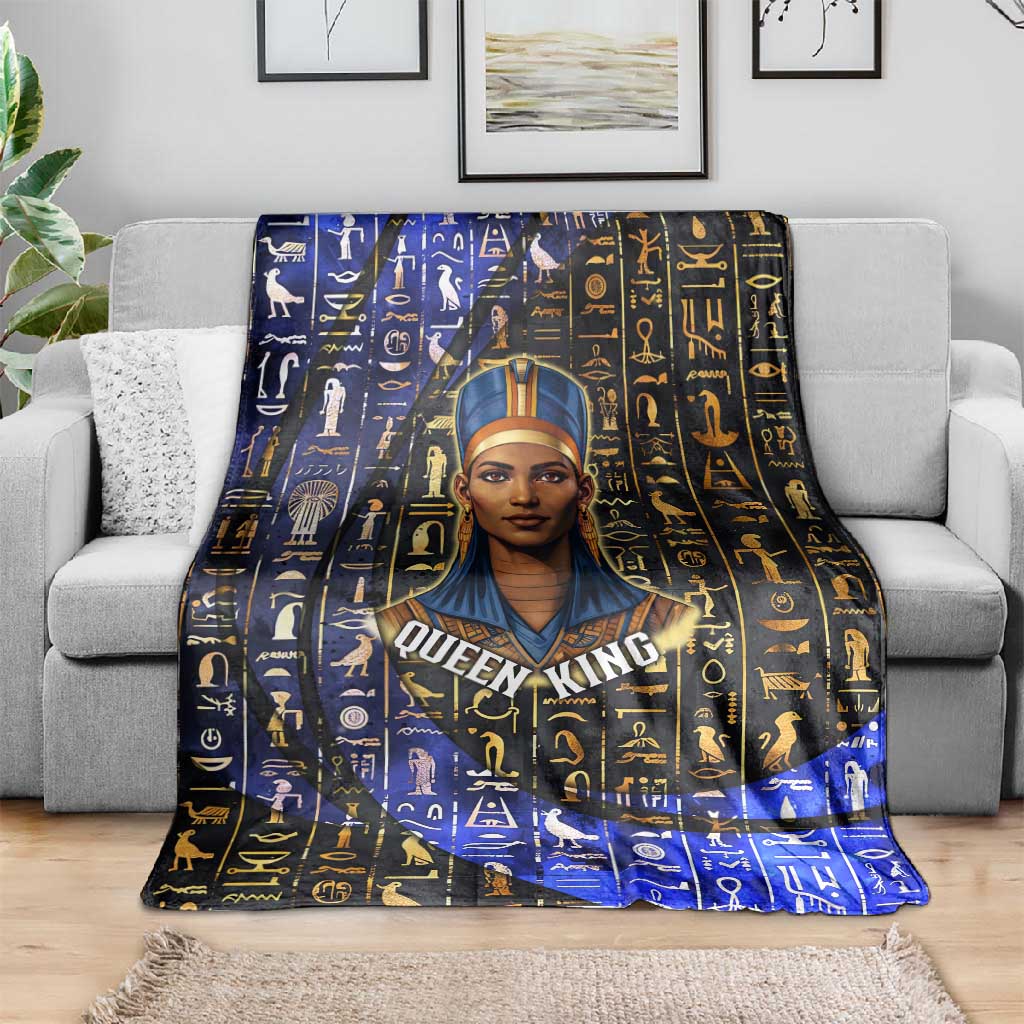 Hatshepsut Blanket with Queen King Portrait, Temple Illustration and Blue-Gold Hieroglyphic - Wonder Print Shop