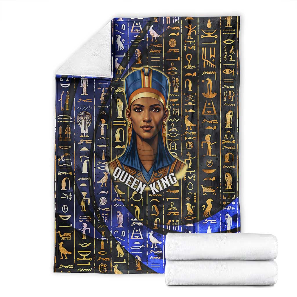 Hatshepsut Blanket with Queen King Portrait, Temple Illustration and Blue-Gold Hieroglyphic - Wonder Print Shop