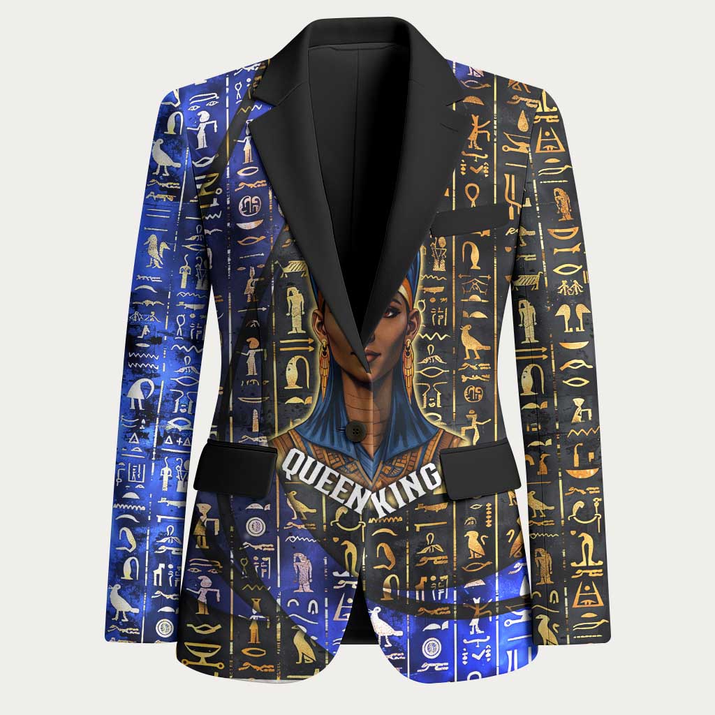 Hatshepsut Blazer with Queen King Portrait, Temple Illustration and Blue-Gold Hieroglyphic - Wonder Print Shop