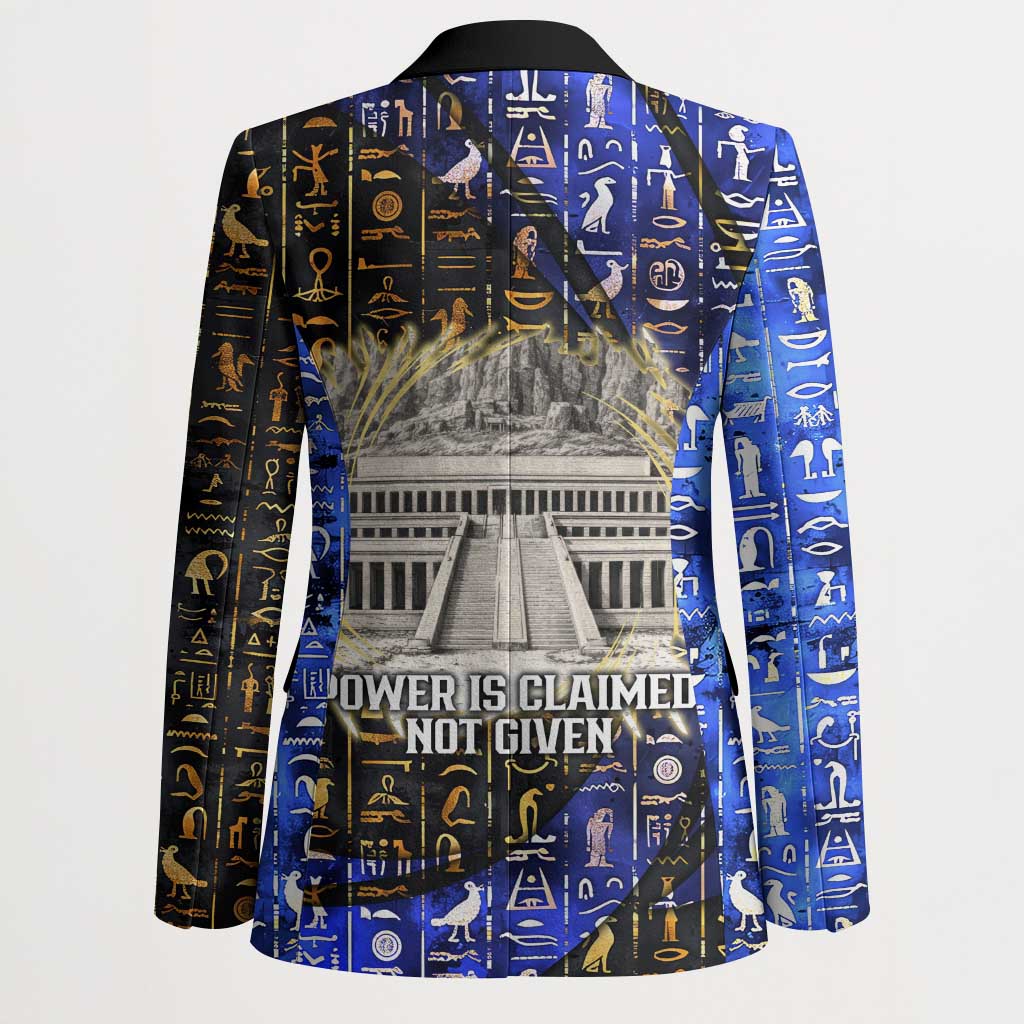 Hatshepsut Blazer with Queen King Portrait, Temple Illustration and Blue-Gold Hieroglyphic - Wonder Print Shop