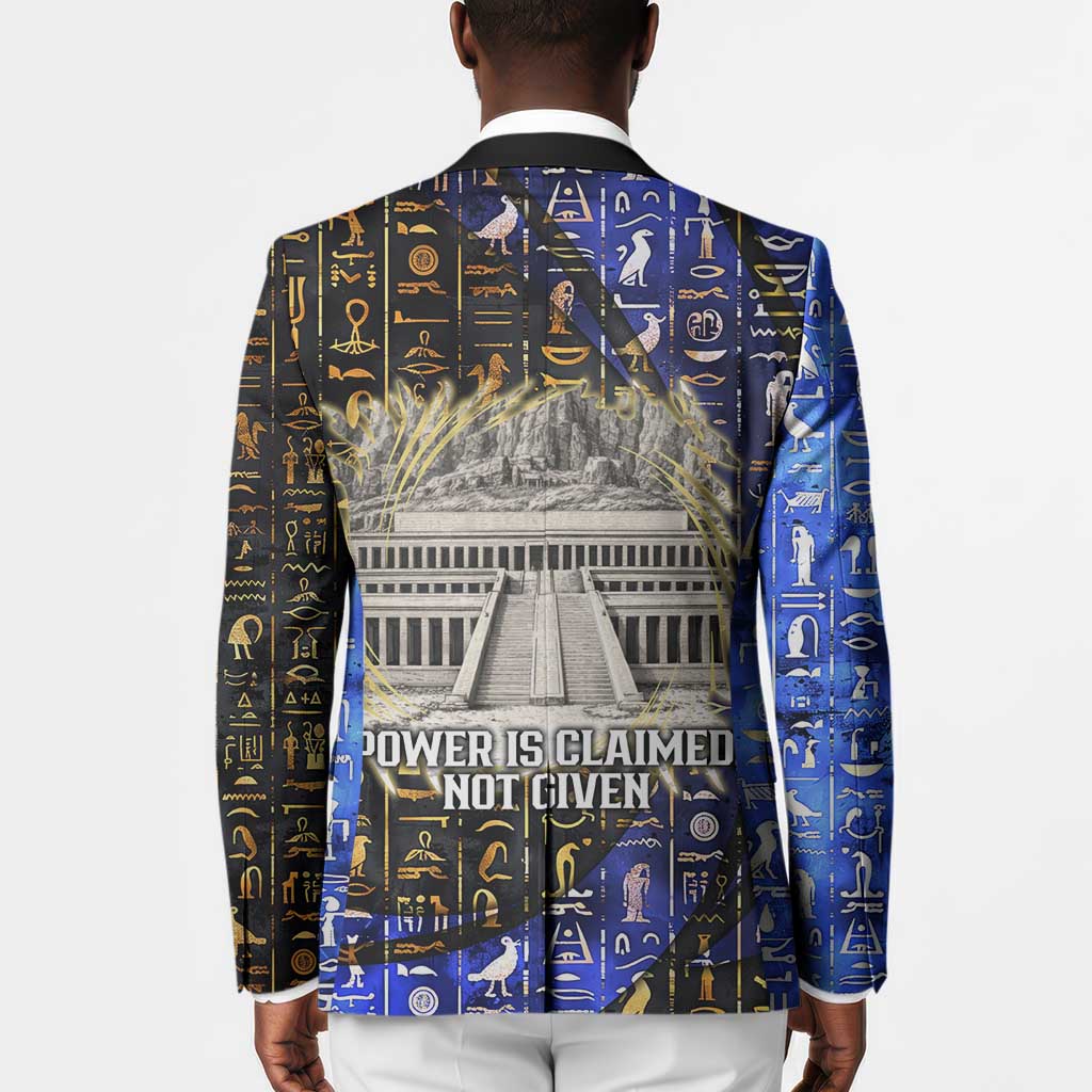 Hatshepsut Blazer with Queen King Portrait, Temple Illustration and Blue-Gold Hieroglyphic - Wonder Print Shop