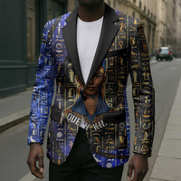 Hatshepsut Blazer with Queen King Portrait, Temple Illustration and Blue-Gold Hieroglyphic - Wonder Print Shop