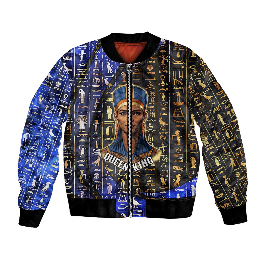 Hatshepsut Bomber Jacket with Queen King Portrait, Temple Illustration and Blue-Gold Hieroglyphic - Wonder Print Shop